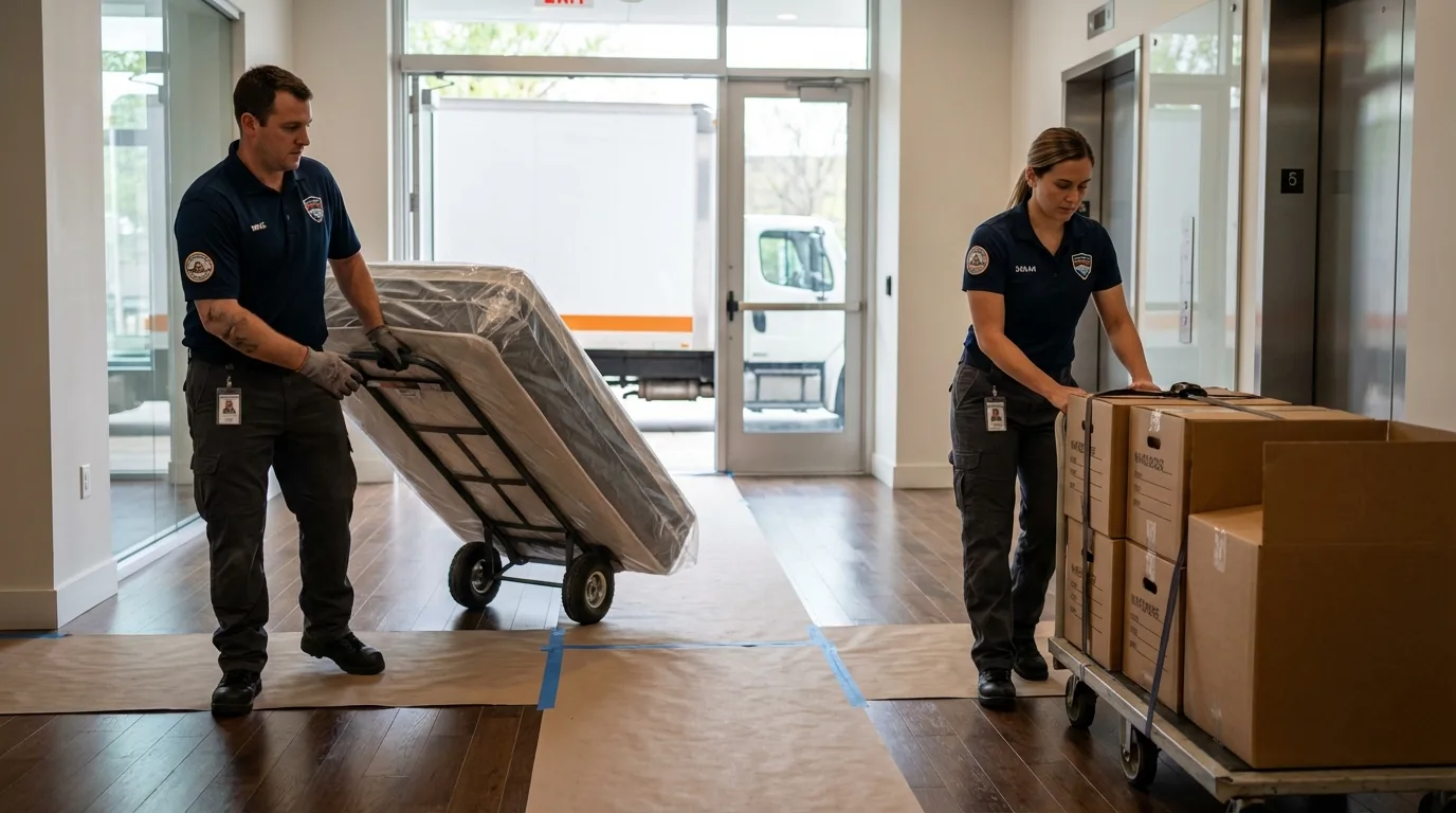 Professional apartment movers loading elevator in Lititz, PA